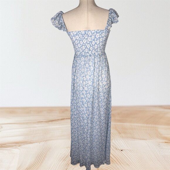 Aakaa Anthropologie Blue Floral Smocked Flutter Strap Maxi Dress Size Small - Picture 5 of 7